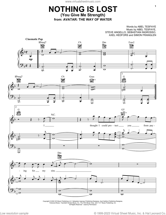 Nothing Is Lost (You Give Me Strength) (from Avatar: The Way Of Water) sheet music for voice, piano or guitar by The Weeknd, Abel Tesfaye, Axel Hedfors, Sebastian Ingrosso, Simon Franglen and Steve Angello, intermediate skill level