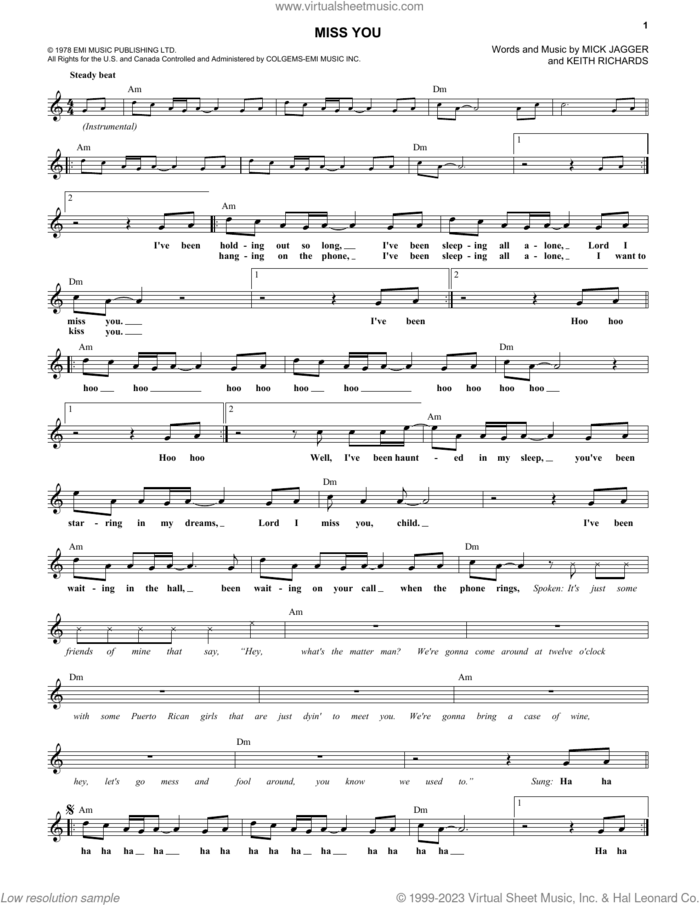 Miss You sheet music for voice and other instruments (fake book) by The Rolling Stones, Keith Richards and Mick Jagger, intermediate skill level