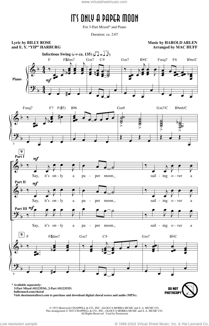 It's Only A Paper Moon (arr. Mac Huff) sheet music for choir (3-Part Mixed) by Harold Arlen, Mac Huff, Billy Rose and E.Y. Harburg, intermediate skill level