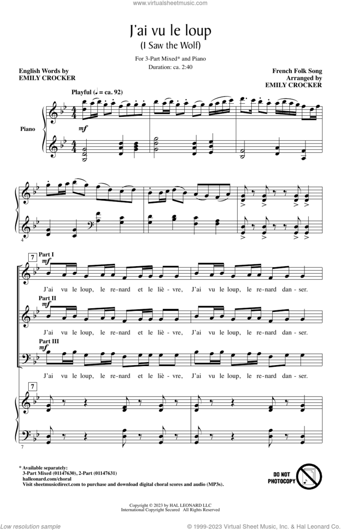 J'ai Vu Le Loup (I Saw The Wolf) (arr. Emily Crocker) sheet music for choir (3-Part Mixed) by French Folk Song and Emily Crocker, intermediate skill level