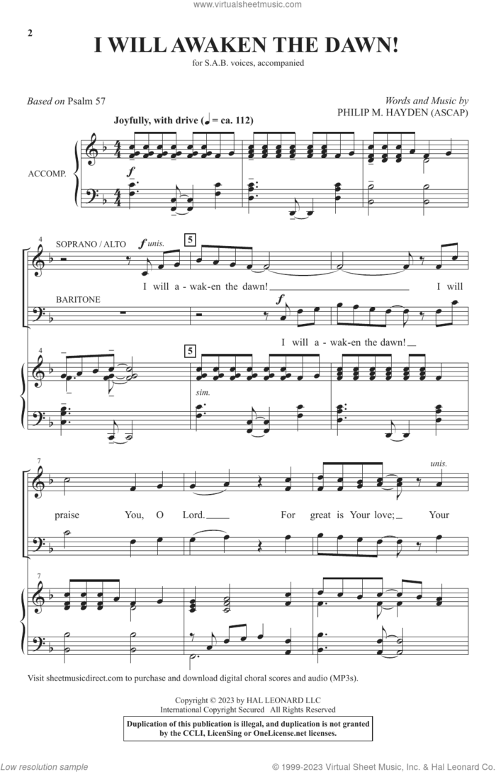 I Will Awaken The Dawn! sheet music for choir (SAB: soprano, alto, bass) by Philip M. Hayden and Psalm 57, intermediate skill level