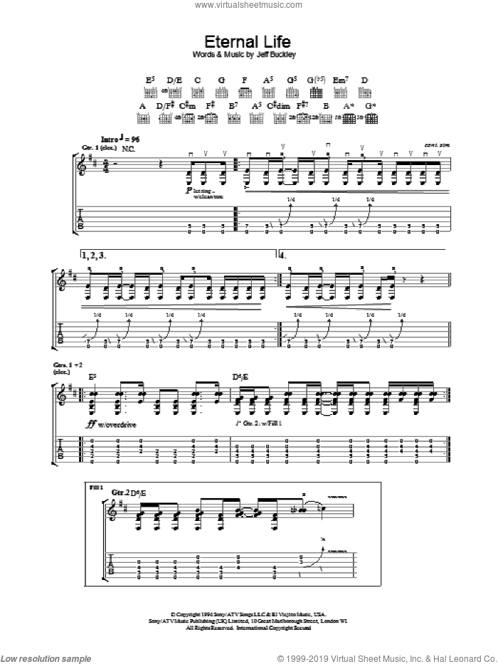 Eternal Life sheet music for guitar (tablature) by Jeff Buckley, intermediate skill level