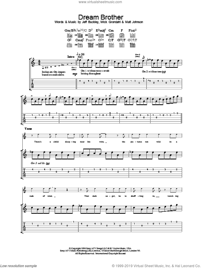 Dream Brother sheet music for guitar (tablature) by Jeff Buckley, Matt Johnson and Mick Grondahl, intermediate skill level