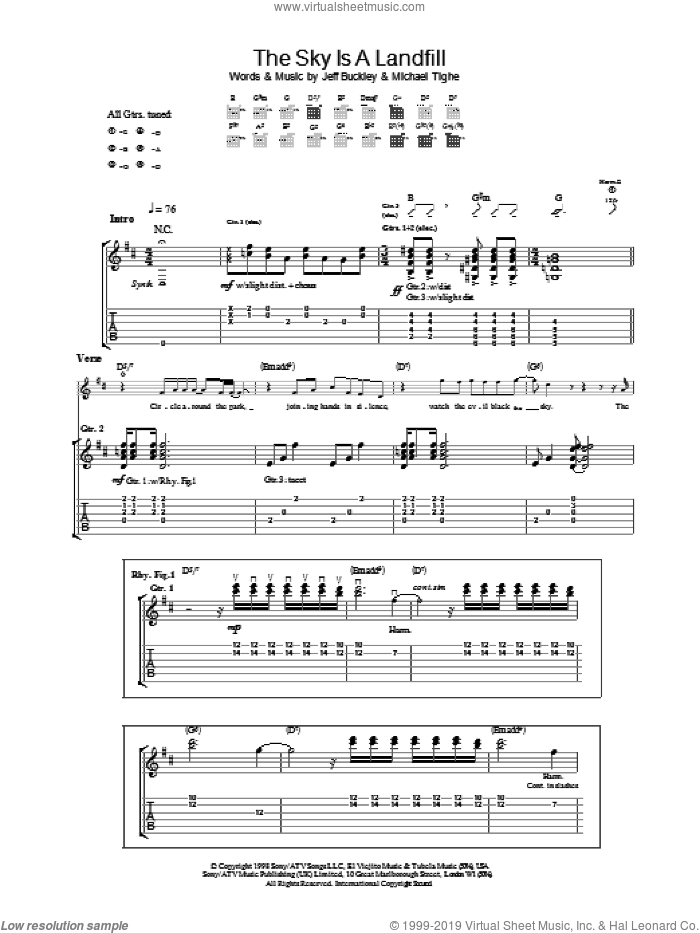 The Sky Is A Landfill sheet music for guitar (tablature) by Jeff Buckley and Michael Tighe, intermediate skill level