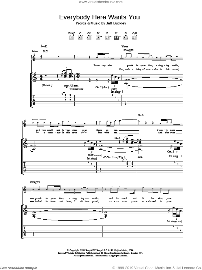 Everybody Here Wants You sheet music for guitar (tablature) by Jeff Buckley, intermediate skill level