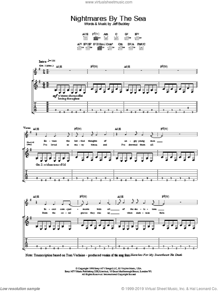 Nightmares By The Sea sheet music for guitar (tablature) by Jeff Buckley, intermediate skill level