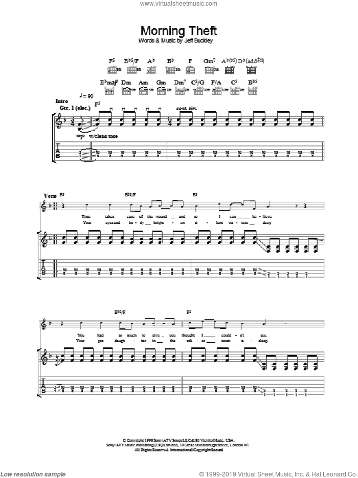 Morning Theft sheet music for guitar (tablature) by Jeff Buckley, intermediate skill level