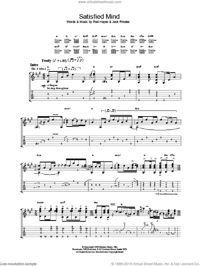 Satisfied Mind sheet music for guitar (tablature) by Jeff Buckley, Jack Rhodes and Red Hayes, intermediate skill level