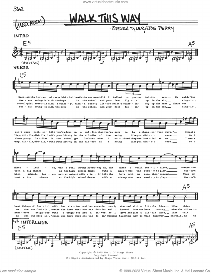 Walk This Way sheet music for voice and other instruments (real book with lyrics) by Aerosmith, Run D.M.C., Joe Perry and Steven Tyler, intermediate skill level