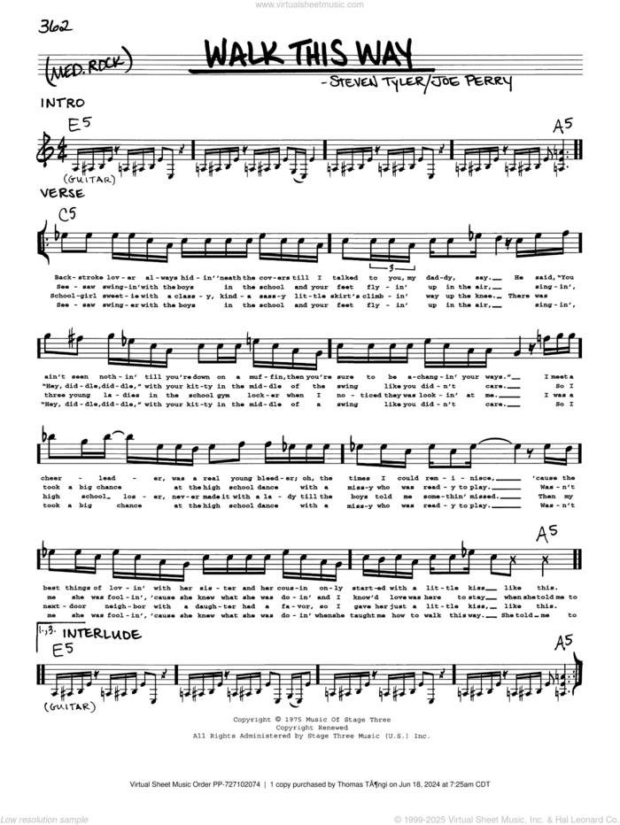 Walk This Way sheet music for voice and other instruments (real book with lyrics) by Aerosmith, Run D.M.C., Joe Perry and Steven Tyler, intermediate skill level