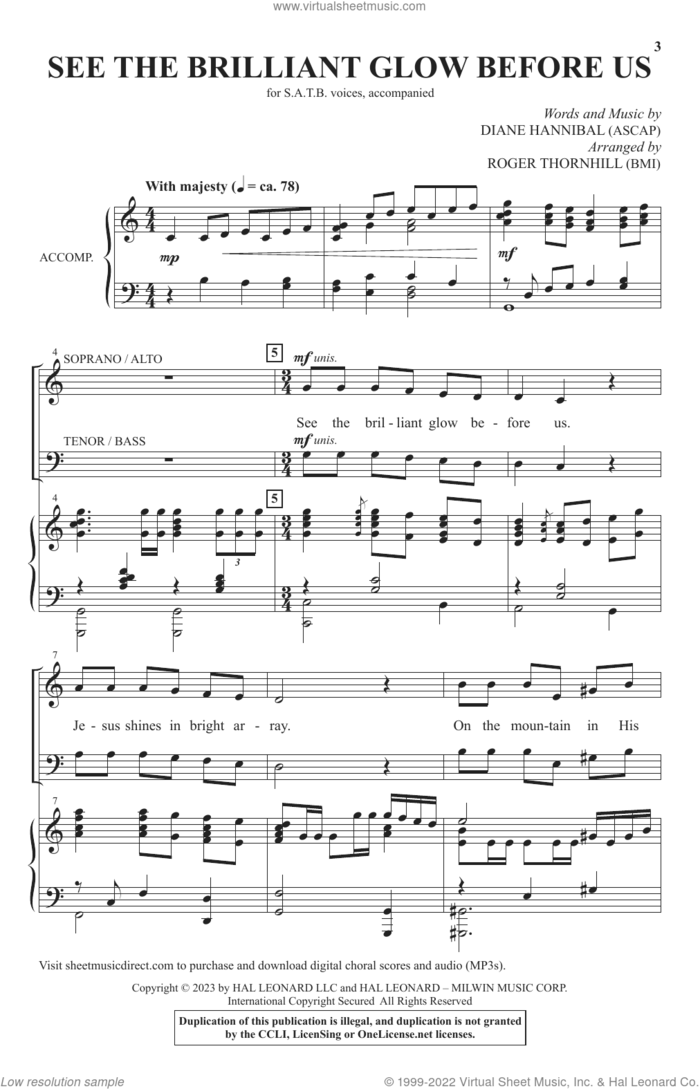 See The Brilliant Glow Before Us (arr. Roger Thornhill) sheet music for choir (SATB: soprano, alto, tenor, bass) by Diane Hannibal and Roger Thornhill, intermediate skill level