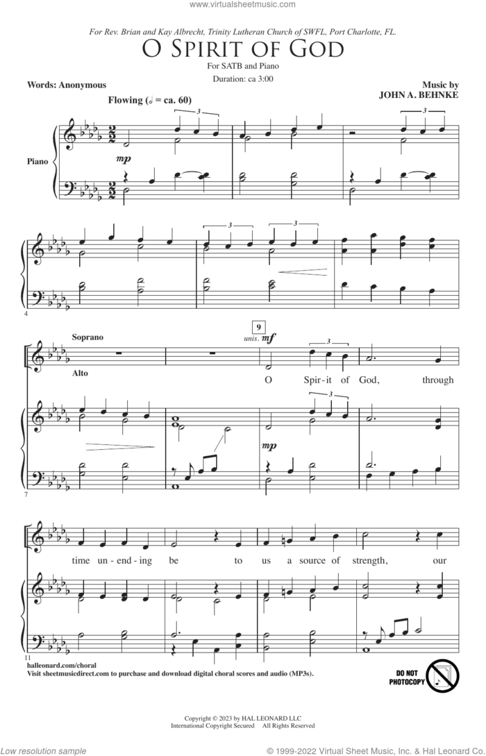 O Spirit Of God sheet music for choir (SATB: soprano, alto, tenor, bass) by John A. Behnke and Anonymous, intermediate skill level