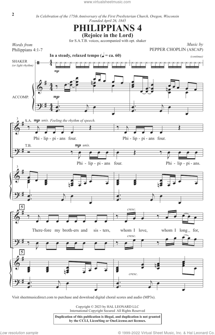 Philippians 4 (Rejoice In The Lord) sheet music for choir (SATB: soprano, alto, tenor, bass) by Pepper Choplin and Philippians 4:1, 4:7, intermediate skill level