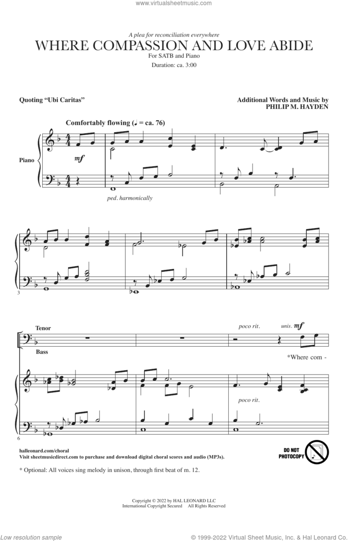 Where Compassion And Love Abide (Ubi Caritas) sheet music for choir (SATB: soprano, alto, tenor, bass) by Philip M. Hayden and Liturgical Text, intermediate skill level