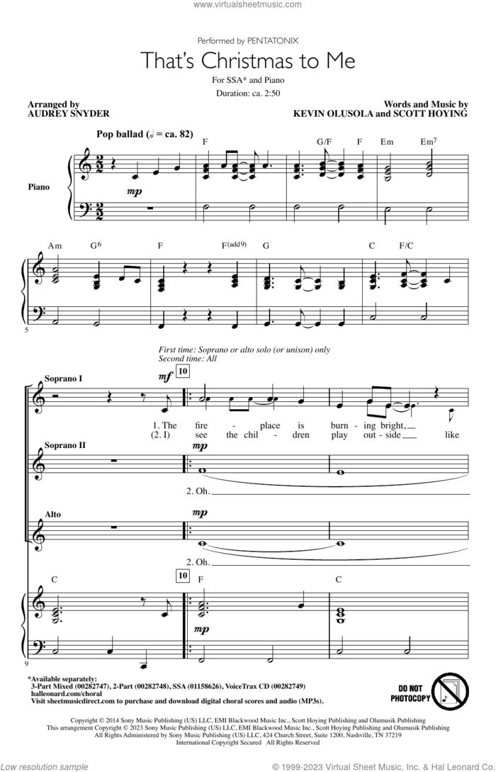 That's Christmas To Me (arr. Audrey Snyder) sheet music for choir (SSA: soprano, alto) by Pentatonix, Audrey Snyder, Kevin Olusola and Scott Hoying, intermediate skill level
