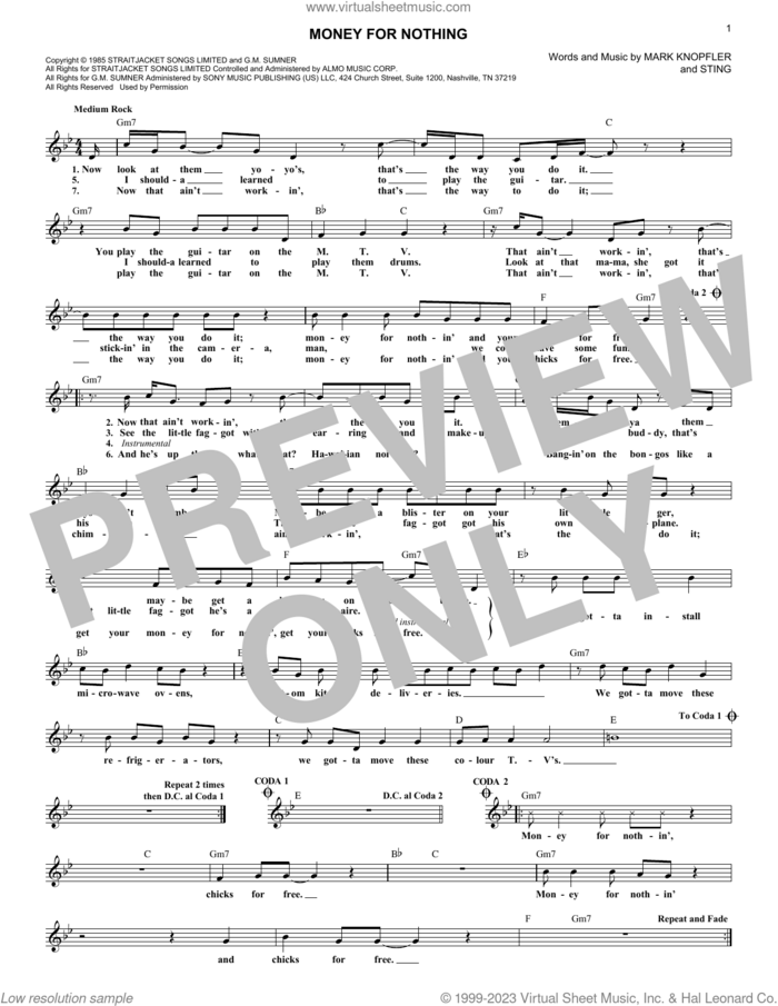 Money For Nothing sheet music for voice and other instruments (fake book) by Dire Straits, Mark Knopfler and Sting, intermediate skill level