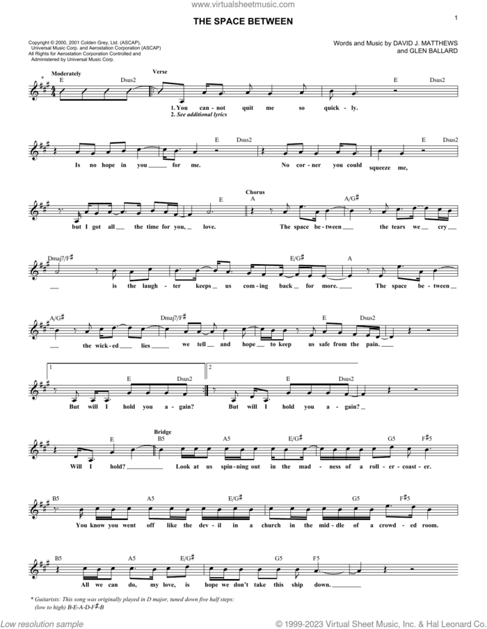 The Space Between sheet music for voice and other instruments (fake book) by Dave Matthews Band and Glen Ballard, intermediate skill level