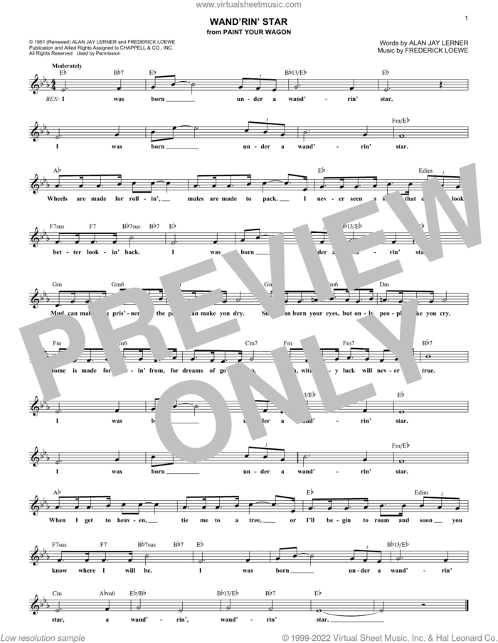 Wand'rin' Star (from Paint Your Wagon) sheet music for voice and other instruments (fake book) by Lerner & Loewe, Alan Jay Lerner and Frederick Loewe, intermediate skill level