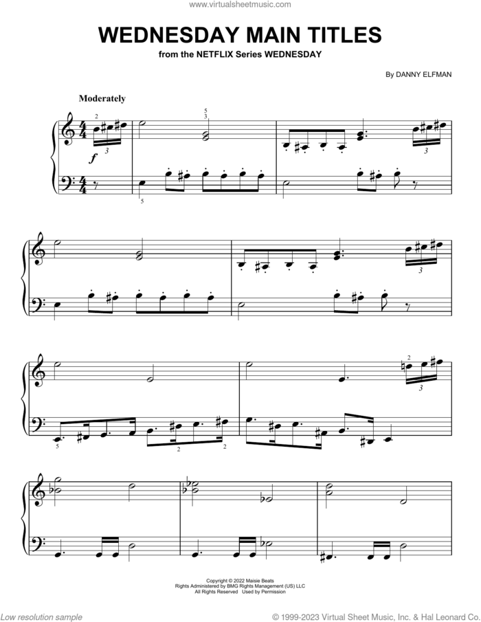 Wednesday Main Titles, (easy) sheet music for piano solo by Danny Elfman, easy skill level