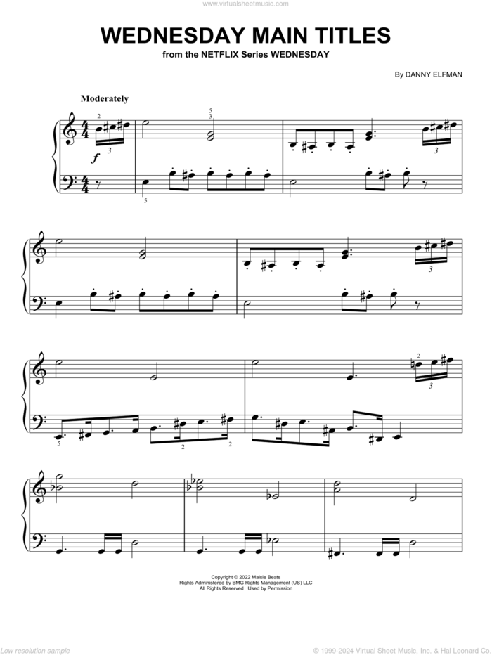 Wednesday Main Titles, (easy) sheet music for piano solo by Danny Elfman, easy skill level