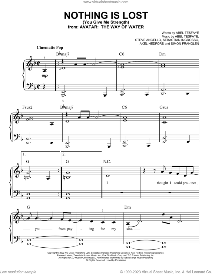Nothing Is Lost (You Give Me Strength) (from Avatar: The Way Of Water) sheet music for piano solo by The Weeknd, Abel Tesfaye, Axel Hedfors, Sebastian Ingrosso, Simon Franglen and Steve Angello, easy skill level
