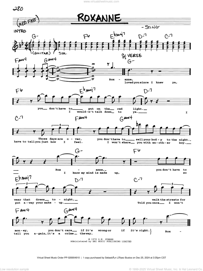 Roxanne sheet music for voice and other instruments (real book with lyrics) by The Police and Sting, intermediate skill level