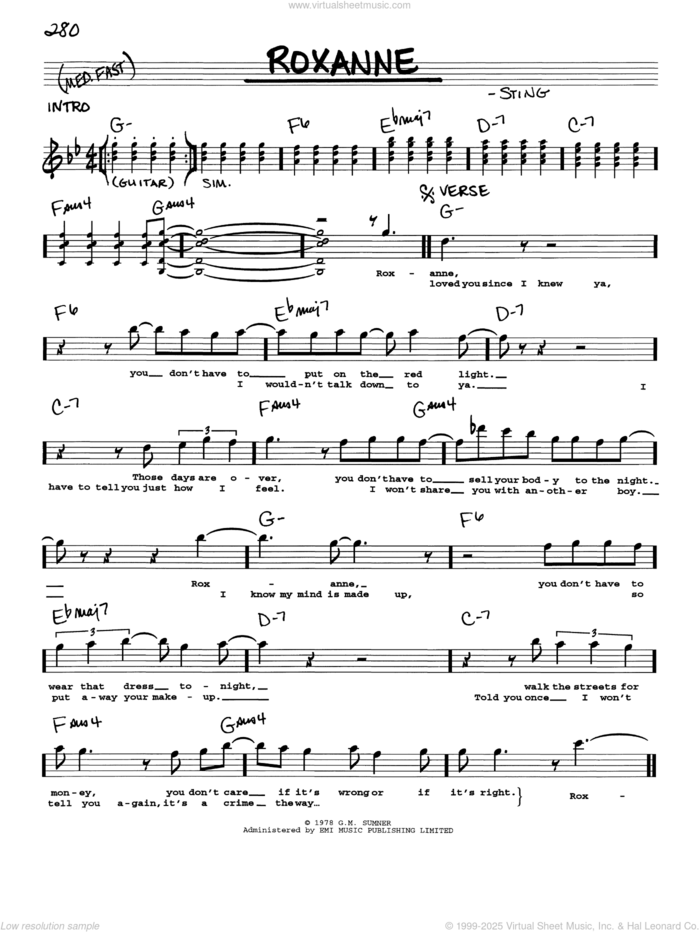 Roxanne sheet music for voice and other instruments (real book with lyrics) by The Police and Sting, intermediate skill level