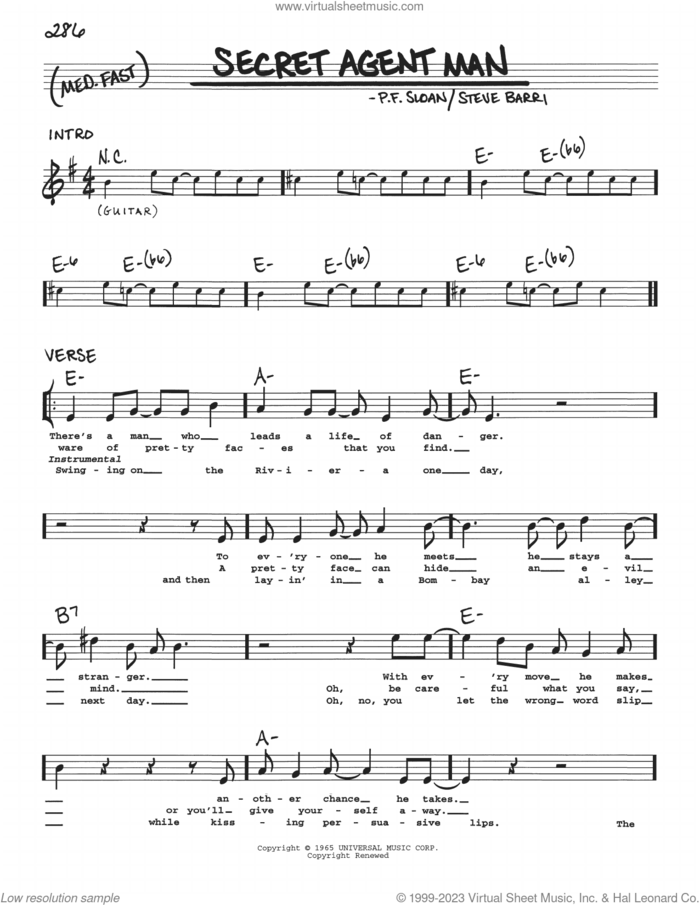 Secret Agent Man sheet music for voice and other instruments (real book with lyrics) by Johnny Rivers, P.F. Sloan and Steve Barri, intermediate skill level