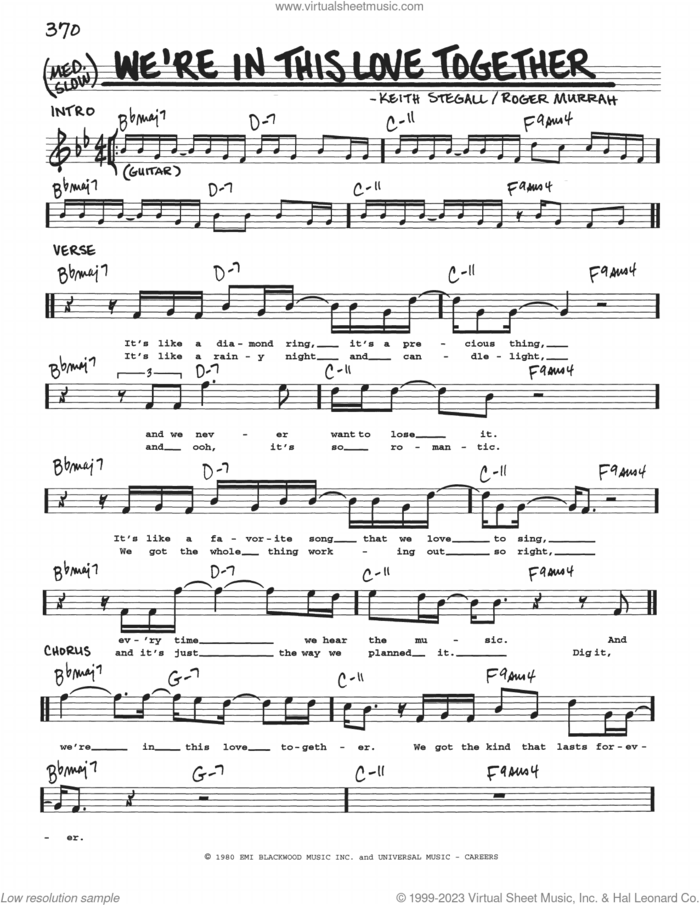 We're In This Love Together sheet music for voice and other instruments (real book with lyrics) by Al Jarreau, Keith Stegall and Roger Murrah, intermediate skill level