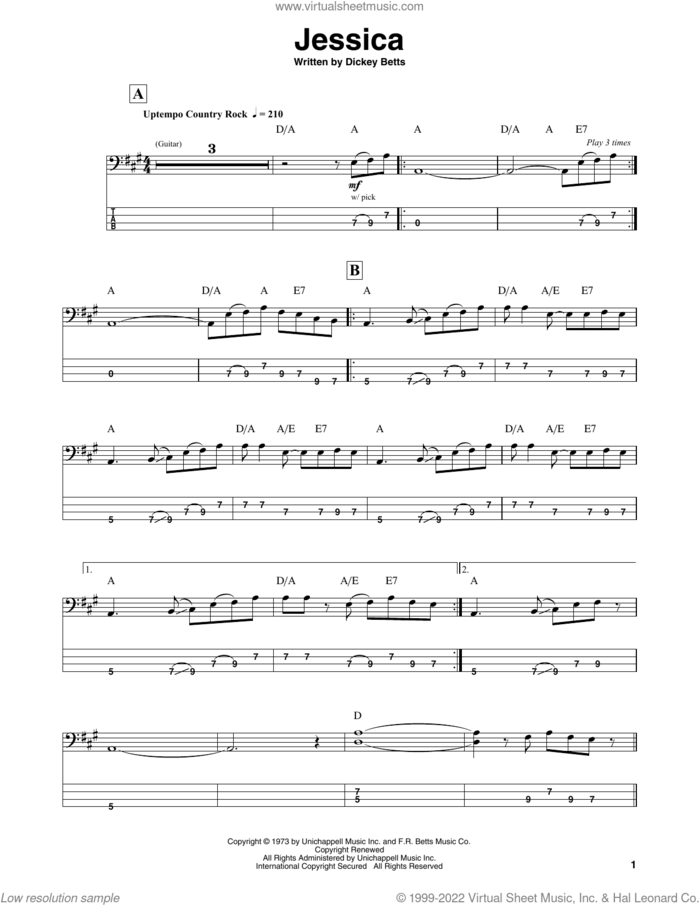 Jessica sheet music for bass (tablature) (bass guitar) by Allman Brothers Band and Dickey Betts, intermediate skill level