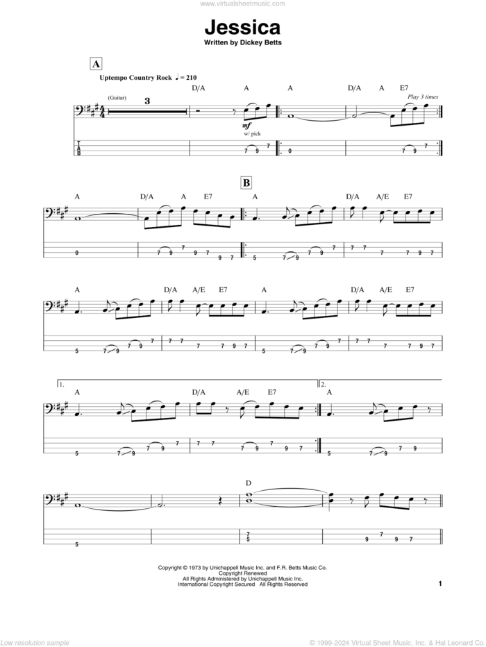 Jessica sheet music for bass (tablature) (bass guitar) by Allman Brothers Band and Dickey Betts, intermediate skill level