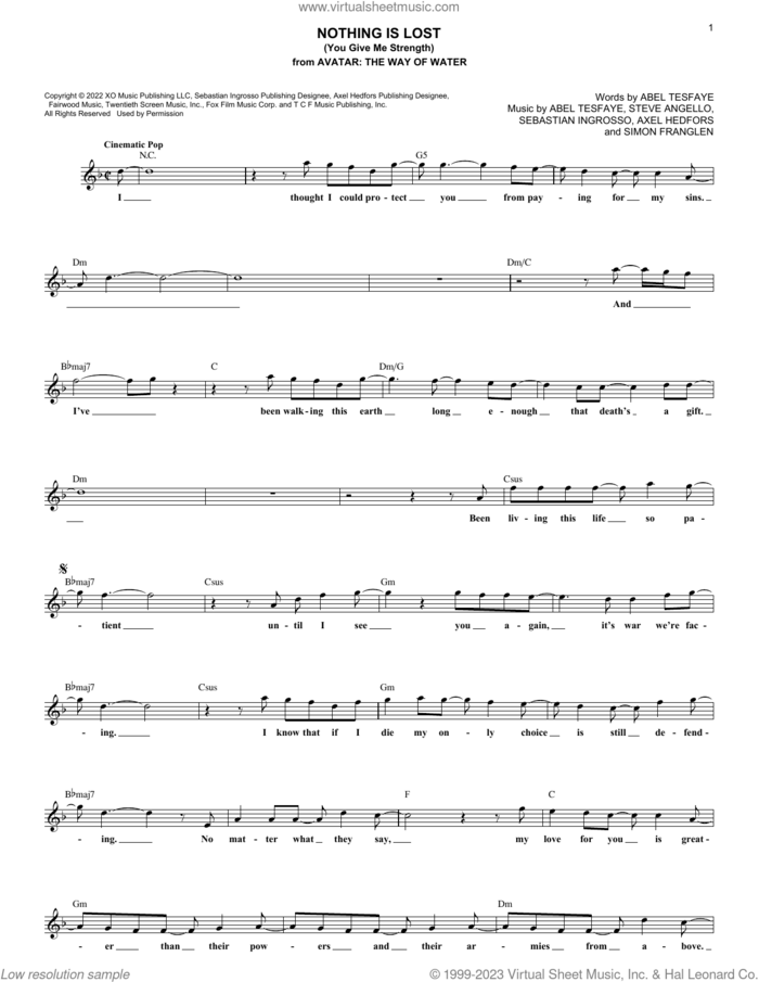 Nothing Is Lost (You Give Me Strength) (from Avatar: The Way Of Water) sheet music for voice and other instruments (fake book) by The Weeknd, Abel Tesfaye, Axel Hedfors, Sebastian Ingrosso, Simon Franglen and Steve Angello, intermediate skill level