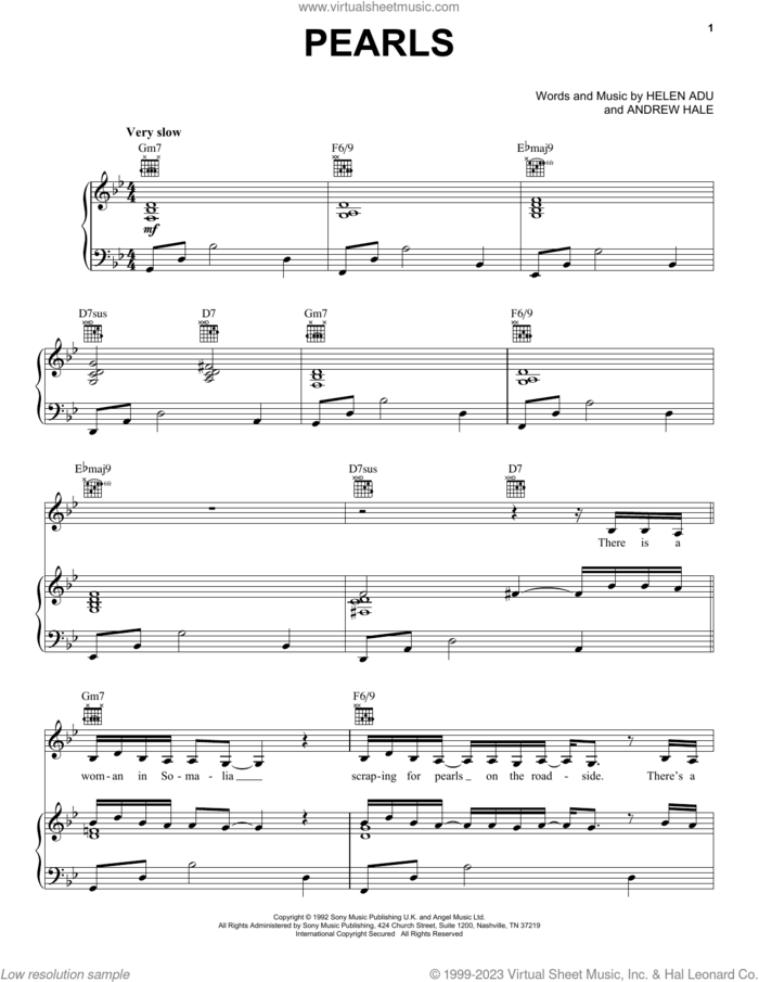 Pearls sheet music for voice, piano or guitar by Sade, Andrew Hale and Helen Adu, intermediate skill level