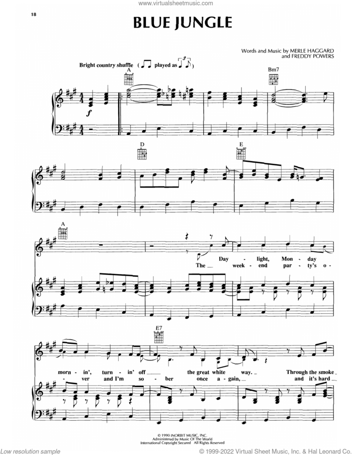 Blue Jungle sheet music for voice, piano or guitar by Merle Haggard and Freddy Powers, intermediate skill level