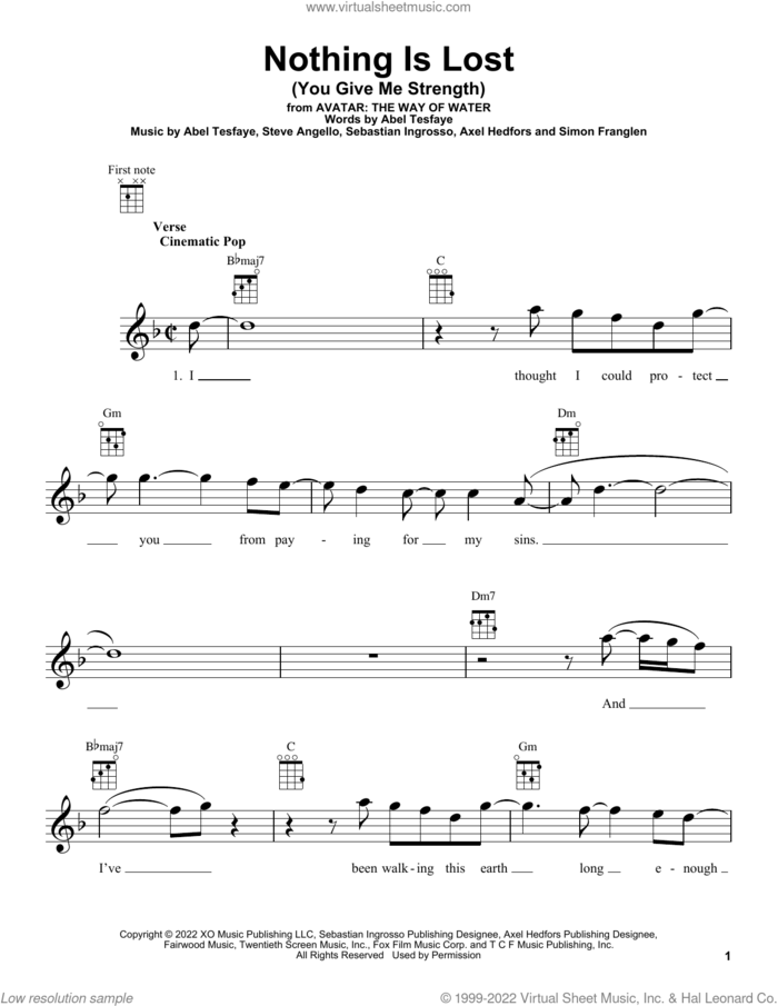Nothing Is Lost (You Give Me Strength) (from Avatar: The Way Of Water) sheet music for ukulele by The Weeknd, Abel Tesfaye, Axel Hedfors, Sebastian Ingrosso, Simon Franglen and Steve Angello, intermediate skill level