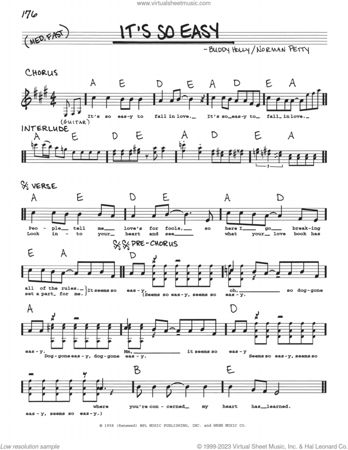 It's So Easy sheet music for voice and other instruments (real book with lyrics) by Linda Ronstadt, The Crickets, Buddy Holly and Norman Petty, intermediate skill level