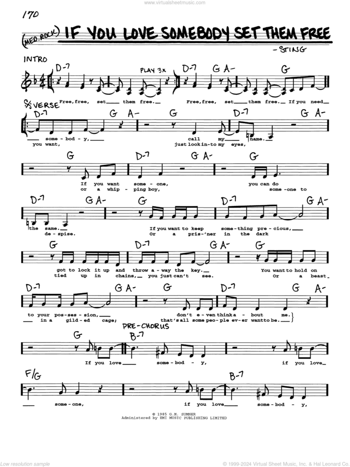 If You Love Somebody Set Them Free sheet music for voice and other instruments (real book with lyrics) by Sting, intermediate skill level