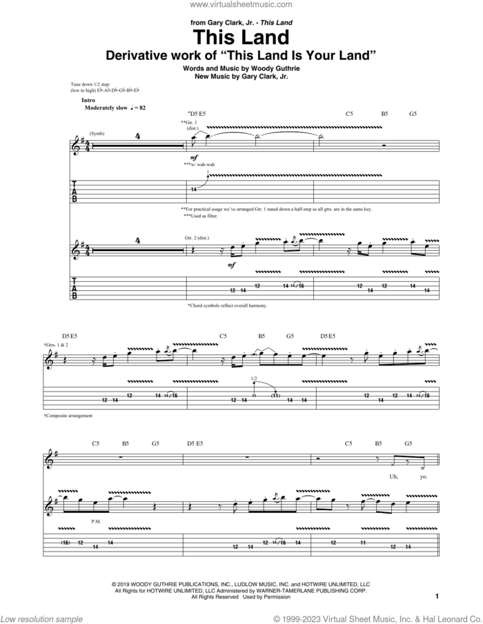 This Land sheet music for guitar (tablature) by Gary Clark, Jr. and Woody Guthrie, intermediate skill level