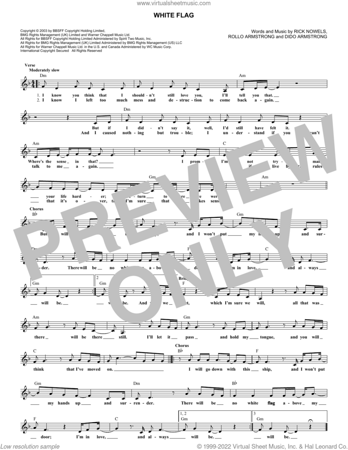 White Flag sheet music for voice and other instruments (fake book) by Dido Armstrong, Rick Nowels and Rollo Armstrong, intermediate skill level