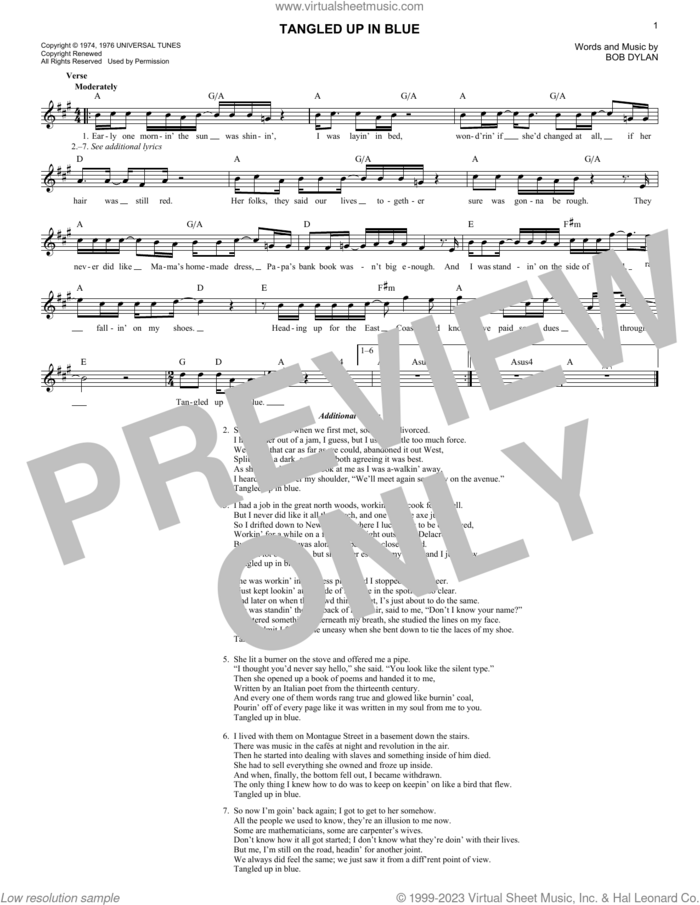Tangled Up In Blue sheet music for voice and other instruments (fake book) by Bob Dylan, intermediate skill level