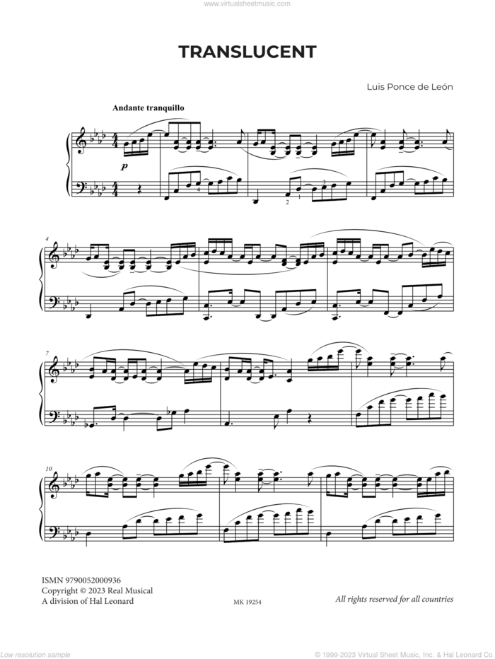 Translucent sheet music for piano solo by Luis Ponce de León, classical score, intermediate skill level