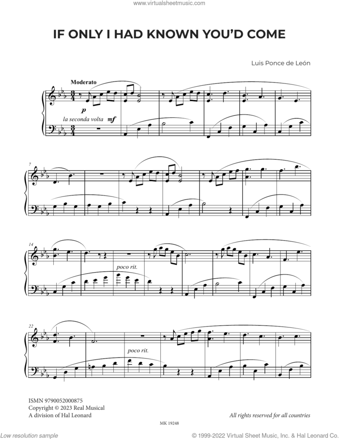 If Only I Had Known You'd Come sheet music for piano solo by Luis Ponce de León, classical score, intermediate skill level