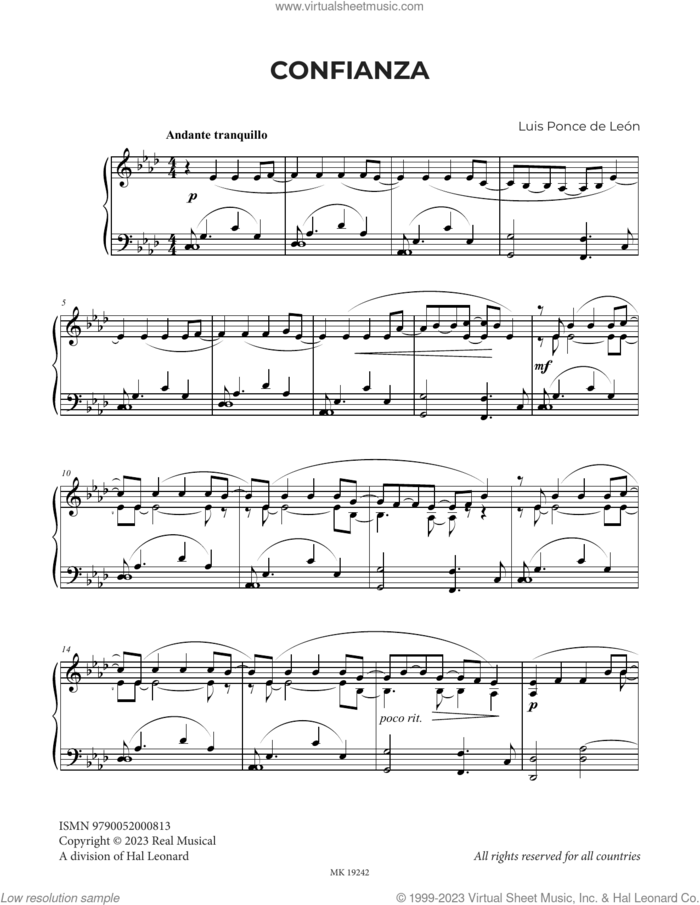 Confianza sheet music for piano solo by Luis Ponce de León, classical score, intermediate skill level