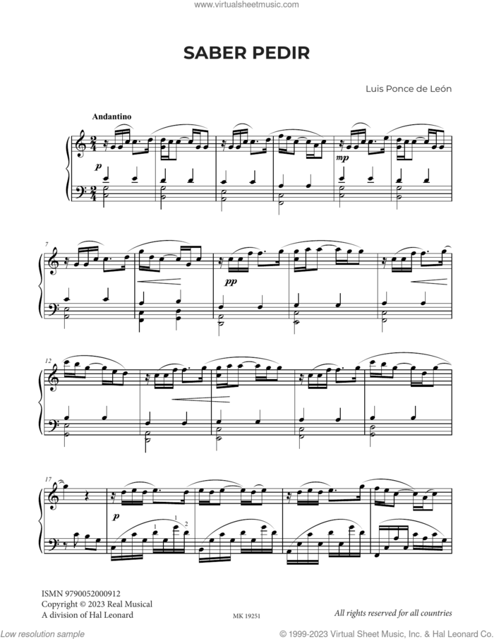 Saber pedir sheet music for piano solo by Luis Ponce de León, classical score, intermediate skill level