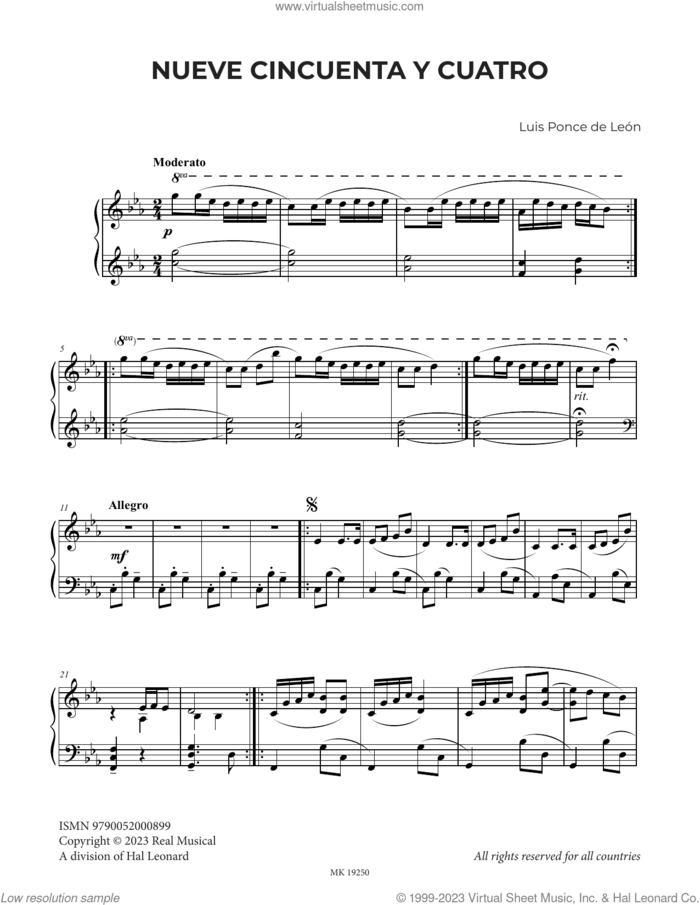Nueve Cincuenta y Cuatro sheet music for piano solo by Luis Ponce de León, classical score, intermediate skill level