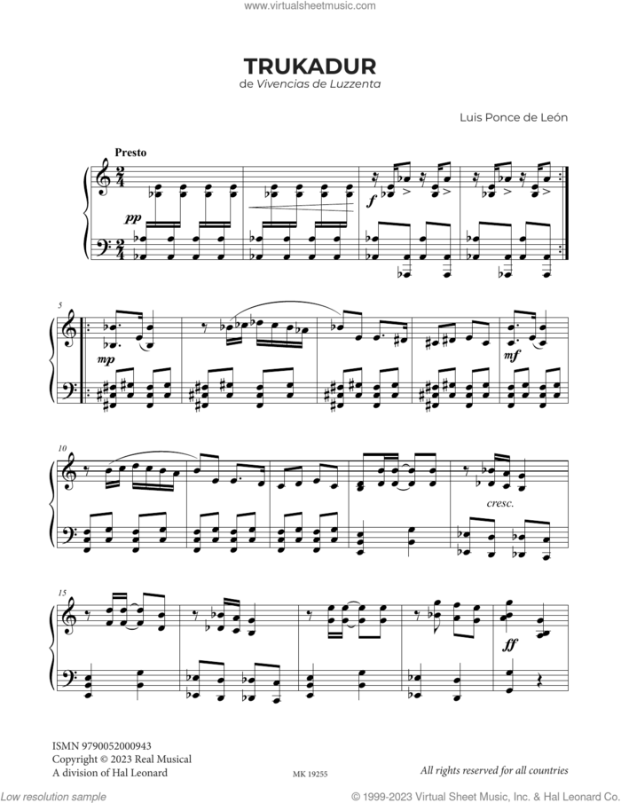 Trukadur sheet music for piano solo by Luis Ponce de León, classical score, intermediate skill level
