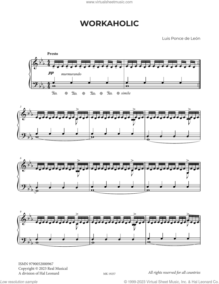 Workaholic sheet music for piano solo by Luis Ponce de León, classical score, intermediate skill level