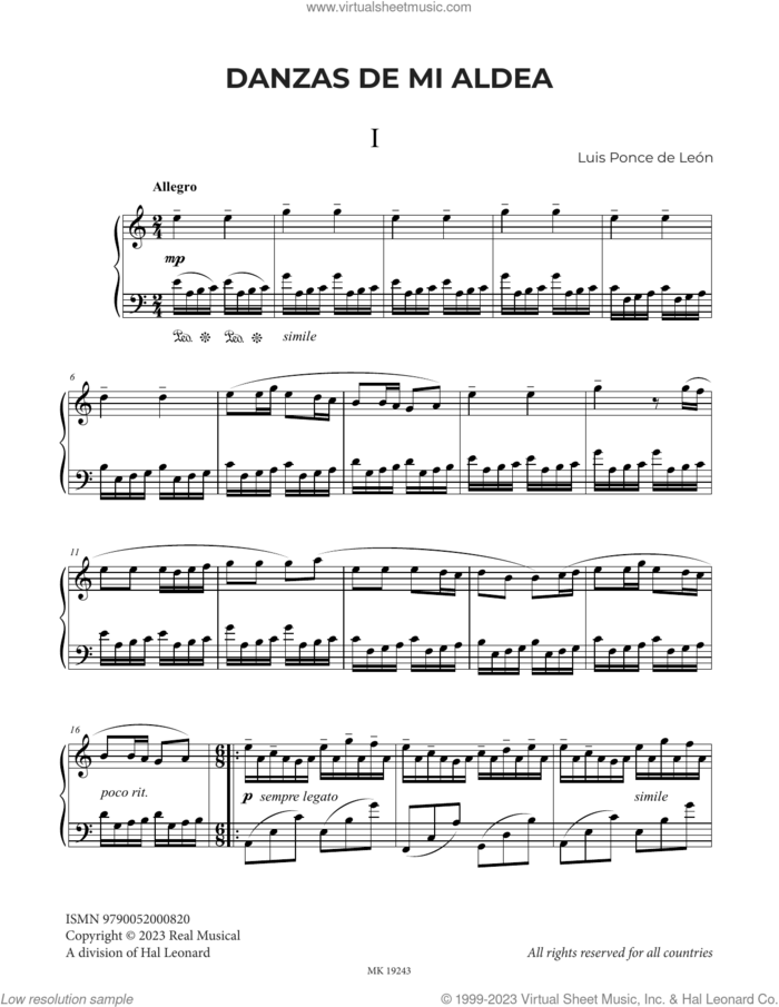 Danzas de Mi Aldea sheet music for piano solo by Luis Ponce de León, classical score, intermediate skill level