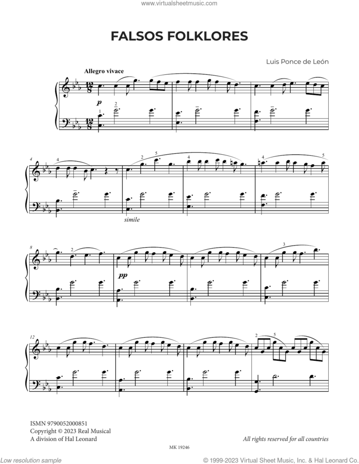 Falsos Folklores sheet music for piano solo by Luis Ponce de León, classical score, intermediate skill level