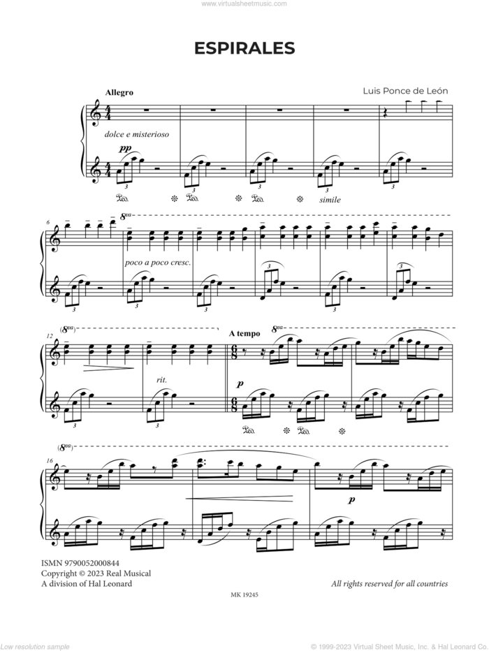 Espirales sheet music for piano solo by Luis Ponce de León, classical score, intermediate skill level